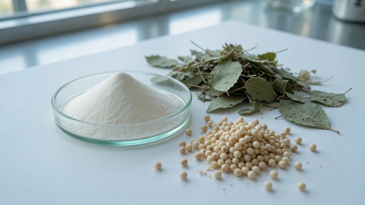 Fine white nutraceutical powder in a glass dish, botanicals and granules